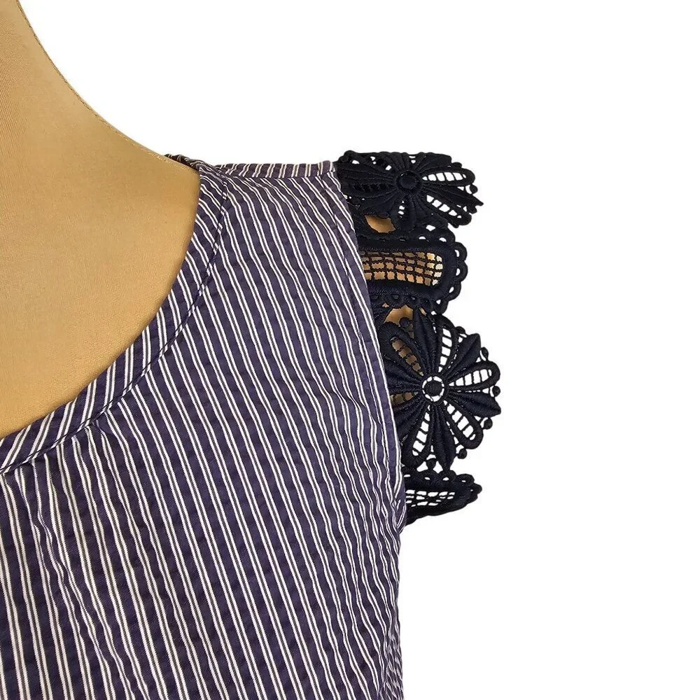Cabi Navy Blue and White Striped Blouse With Frilly Lace Shoulders Sz XS - Picture 2 of 8